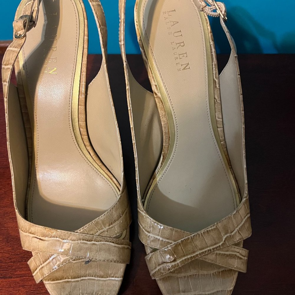 Ralph Lauren Beige Croc Print Slingback Peep Toe Heel/ Size 10 M